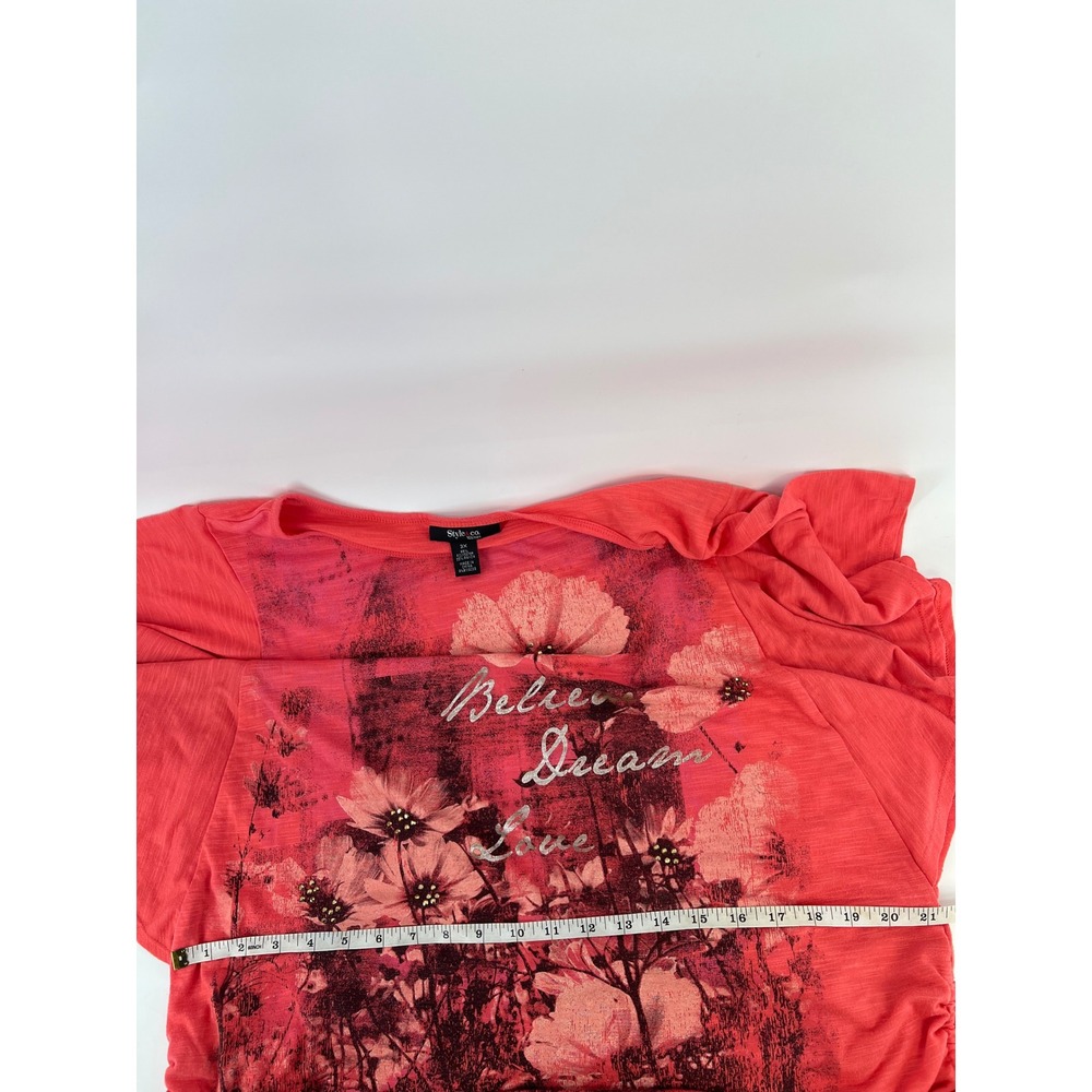 Style & Co Woman Plus Size 3X Coral Pink Floral Graphic Cinched Side Top Tee - Picture 5 of 10